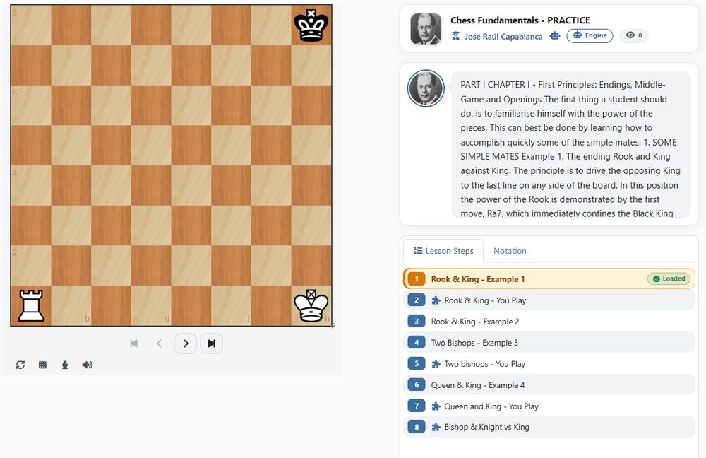 A ChessMoon lesson with the board, instructor comments and lesson steps